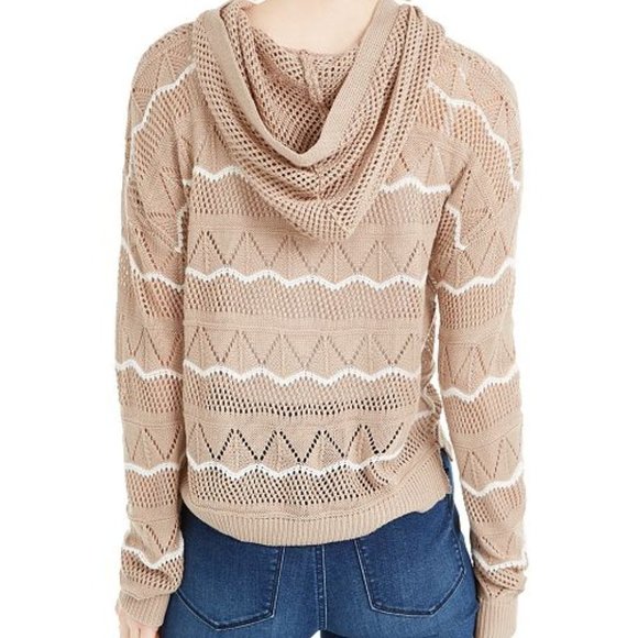 Beige Pointelle-Knit Hoodie Sweater - Picture 3 of 3